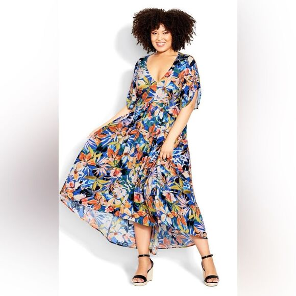 Loralette NWT Blue Pretty Val Print Flutter Sleeves Hi-Lo Maxi Dress Size 14 - Picture 1 of 13